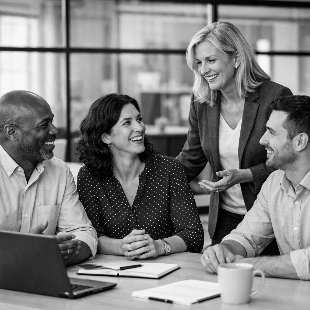 black and white people talking in an office